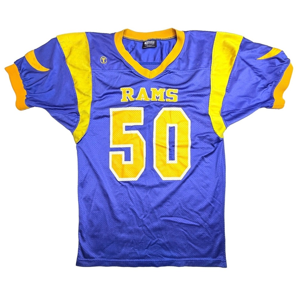 Vintage 90s Rams‎ #50 Football Game Jersey TAG Made USA Blue Gold Adult 20x30